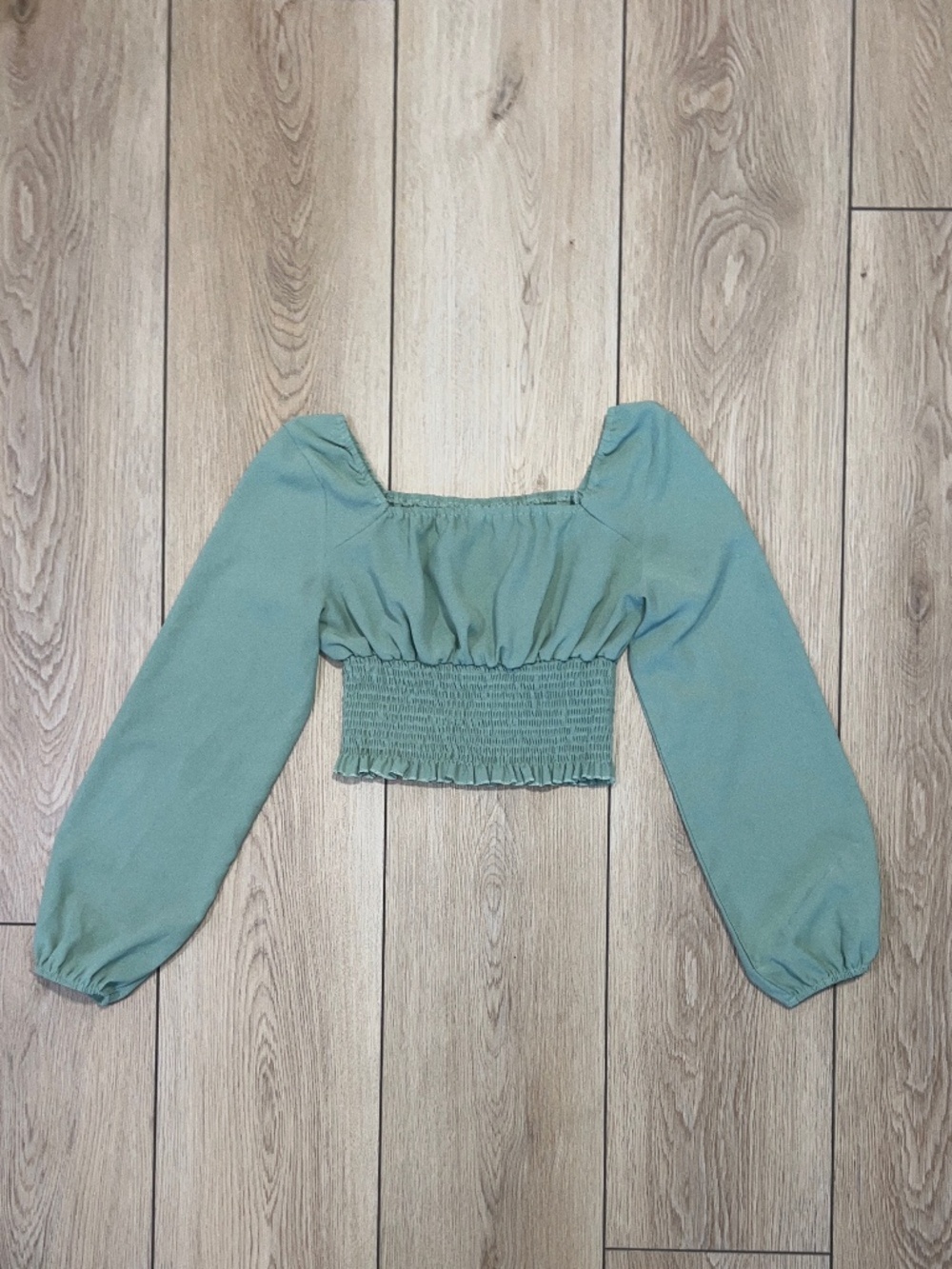 SHEIN Sage Green Long Sleeve Smocked Crop Top